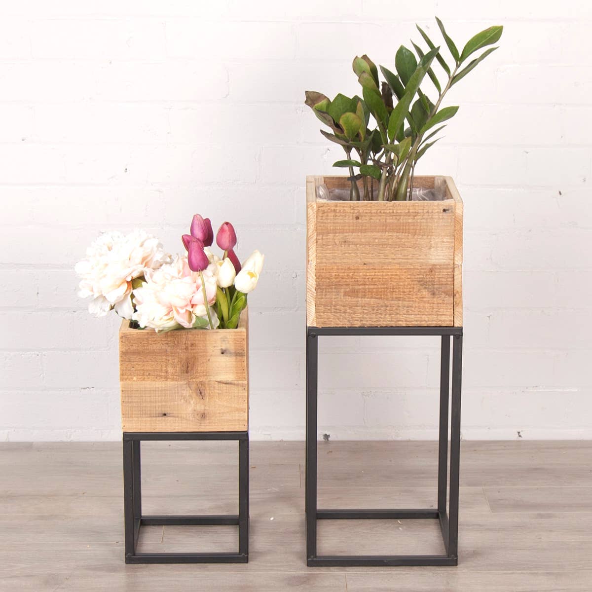 SET OF 2 WOOD AND METAL  SQUARE PLANTERS