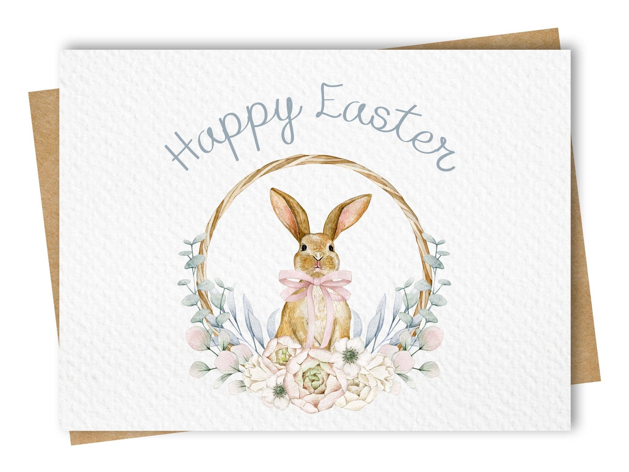 Solo Bunny Wreath Easter Card, Includes Kraft Envelope: Square