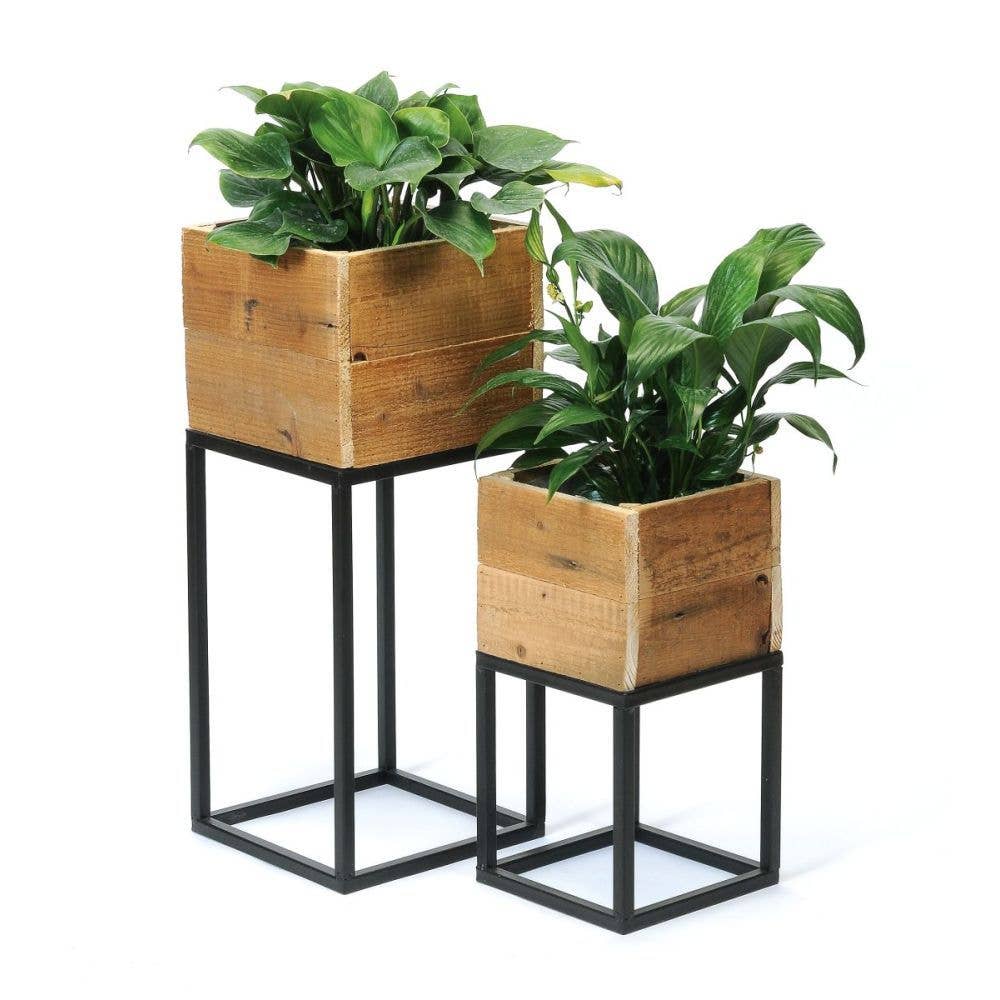 SET OF 2 WOOD AND METAL  SQUARE PLANTERS